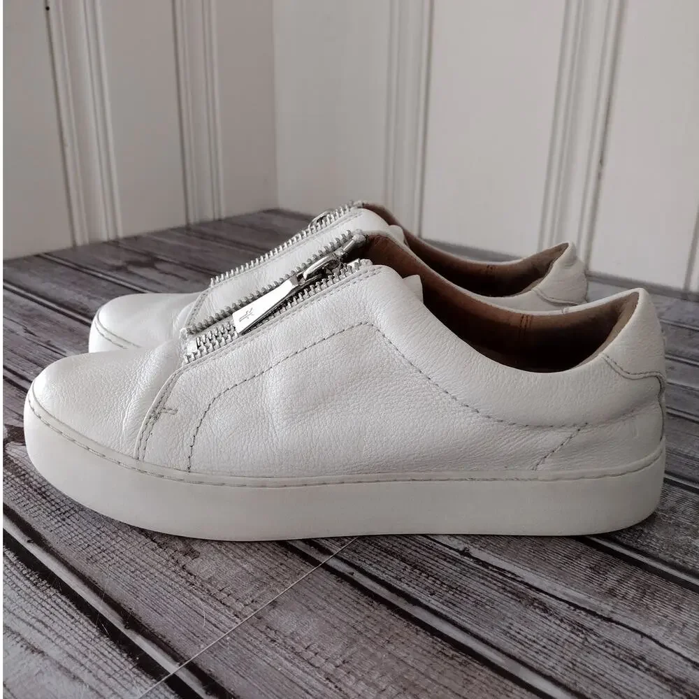 Frye | White Leather Lena Low Zip Sneaker Shoes Women's 8.5 - Picture 6 of 14